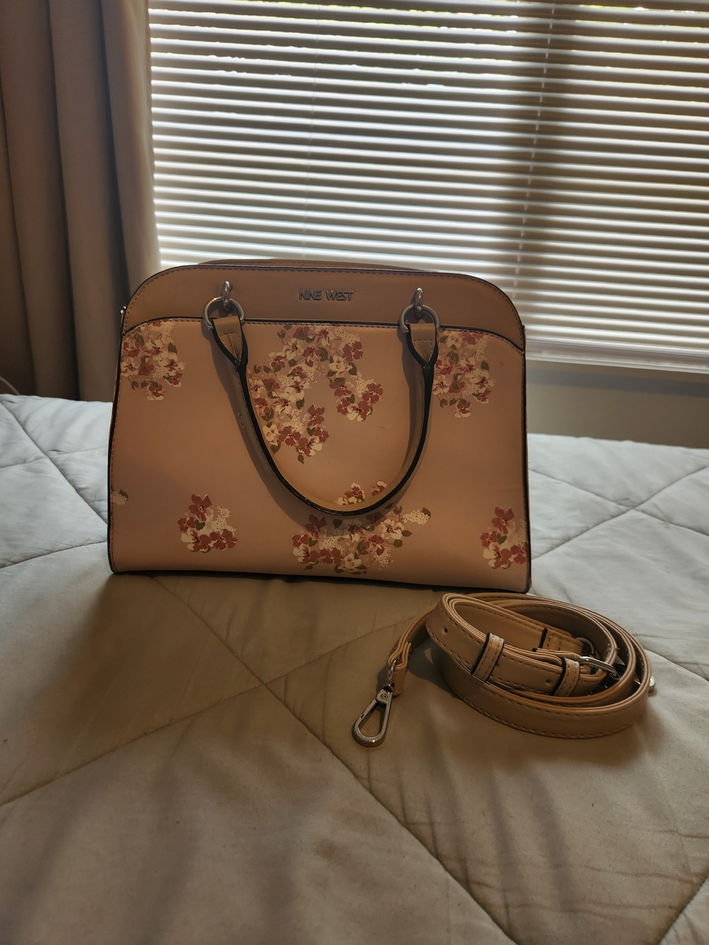Nine West Blush Pink Floral Satchel with Detachable Strap